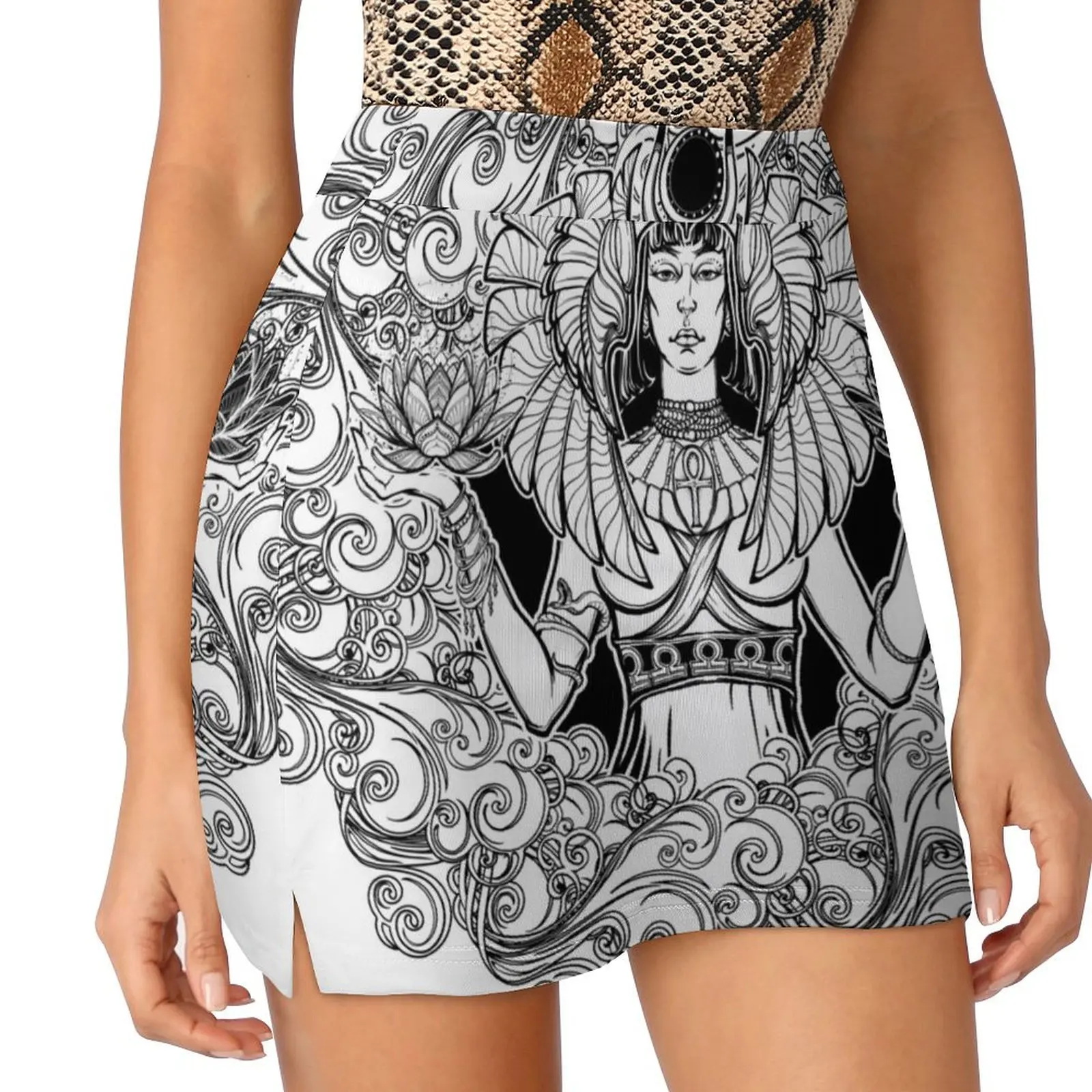 

Zodiac sign Libra. Egyptian goddess Isis balancing in hands black and white lotus as a symbol of equilibrium. Decorat Mini Skirt