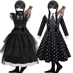 Children Addams Dress Kids Princess Black Wednesday Dance Dress Girl Cosplay Halloween Horror Costume Family Christmas Disguise