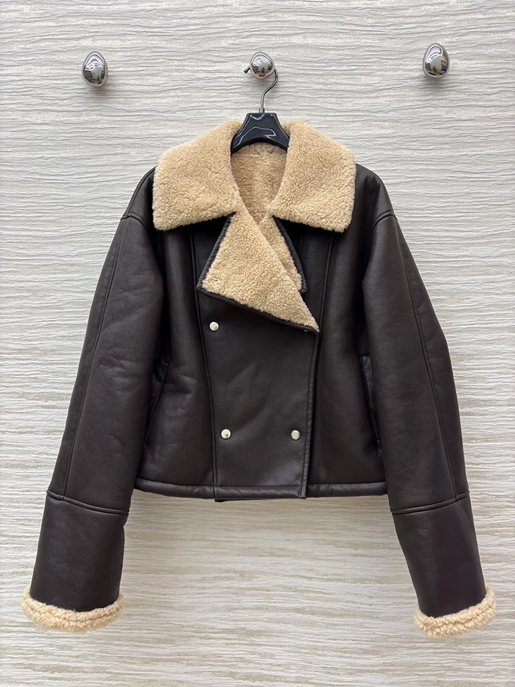 SVORYXIU خريف شتاء نمط جديد عميق القهوة اللحاء مطابقة أفخم طوق امرأة سترة جلدية سوداء الموضة #1