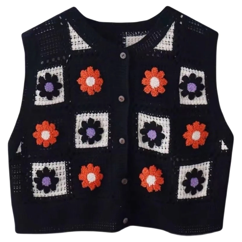 Sweet Waistcoats Hollow Tops Summer Floral Embroidery Sleeveless Crop Tops Casual Crochet French Style for Women Girl