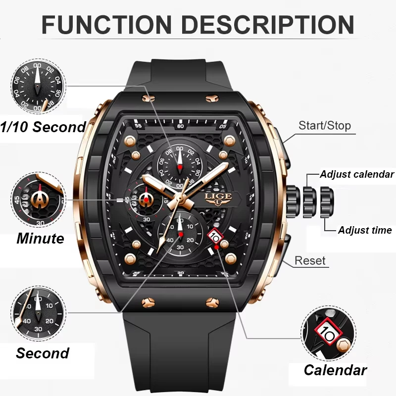 LIGE Top Brand Luxury Men Watch Square Quartz Wristwatch Waterproof Luminous Chronograph Watch for Men Date Clock Reloj Hombre