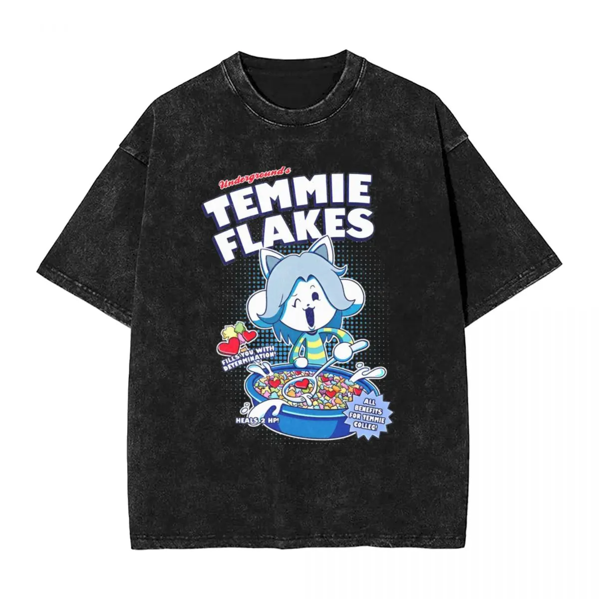 Temmie Flakes Undertale Washed T Shirts Streetwear Hip Hop Novelty T-Shirt Tees Tops Men Women 100% Cotton High Street Graphic