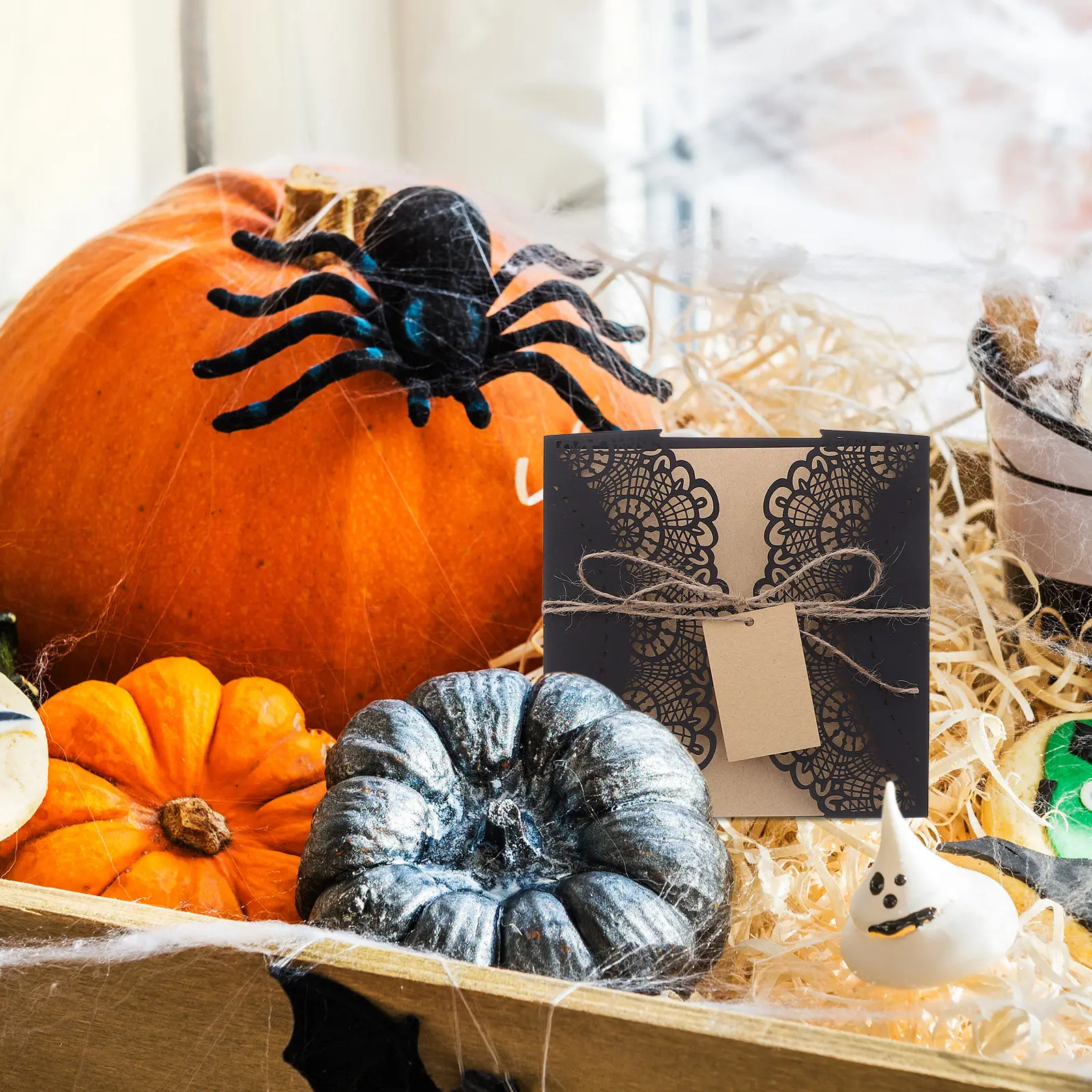 10 Sets Halloween Spider Web Invitation Cards Party Envelopes Invitations with Birthday Black Greeting Blessing