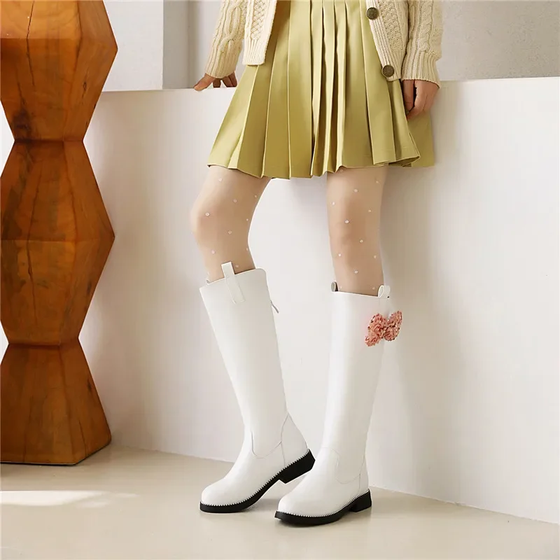 

YQBTDL 2025 Kawaii Bling Сапоги до середины икры с блестками и бантом JK Косплей Девушка Sweety Длинные вечерние туфли Лолиты для женщин Розовый Черный Белый