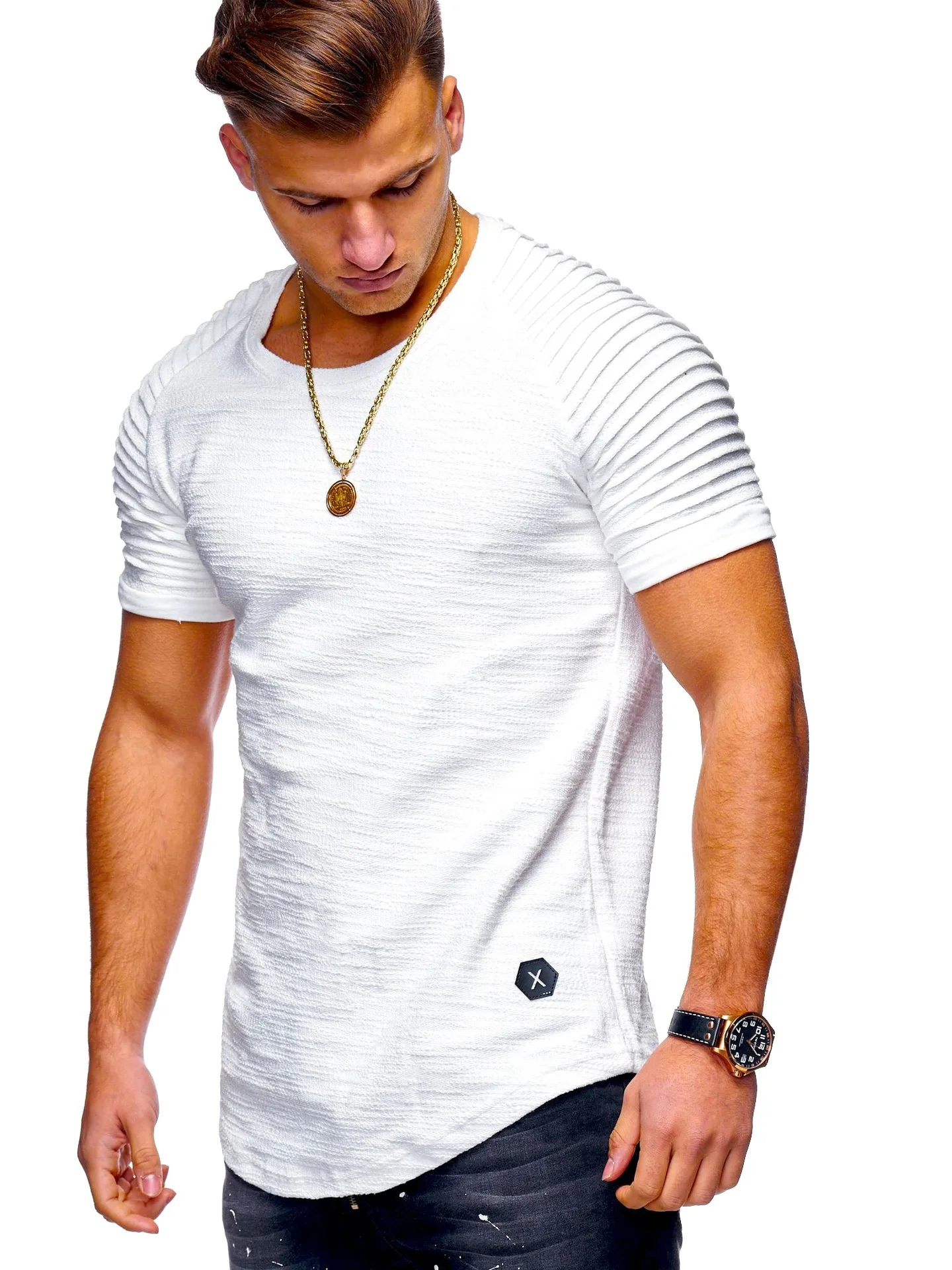 2023 Casual Men\'s T-Shirts Pleated Wrinkled Slim Fit O Neck Short Sleeve Muscle Solid Casual Tops Shirts Summer Basic Tee New