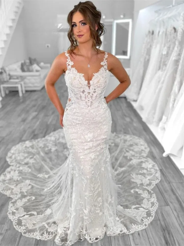 

Boho Mermaid Wedding Dresses for Women Open Back V-Neck Lace Spaghetti Strap Bridal Gown Vestidos De Novia Customized