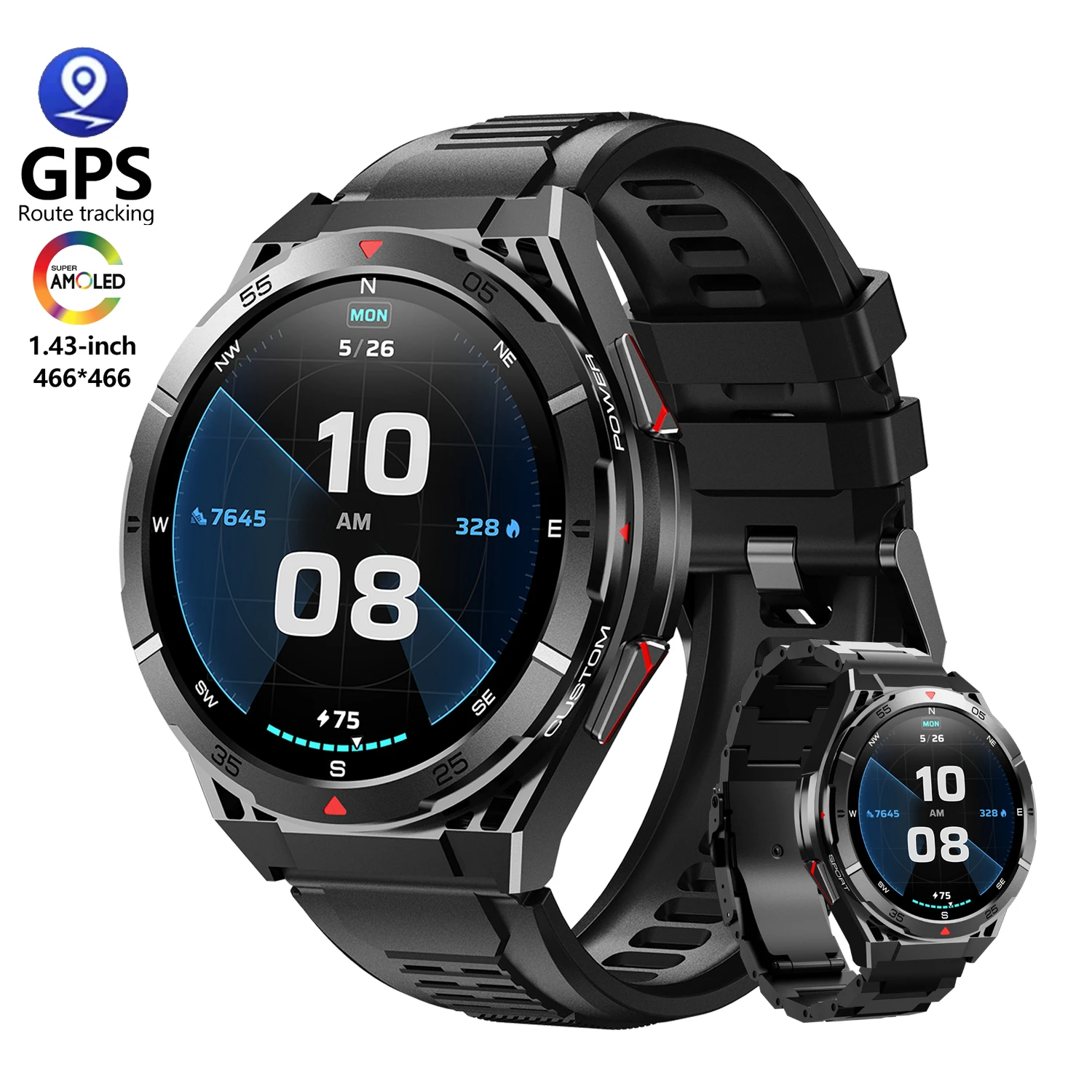 

GPS Smart Watch Men AMOLED HD Screen 466*466 Bluetooth Call Compass Heart Rate Monitor 3ATM Waterproof Outdoor Sport Smartwatch