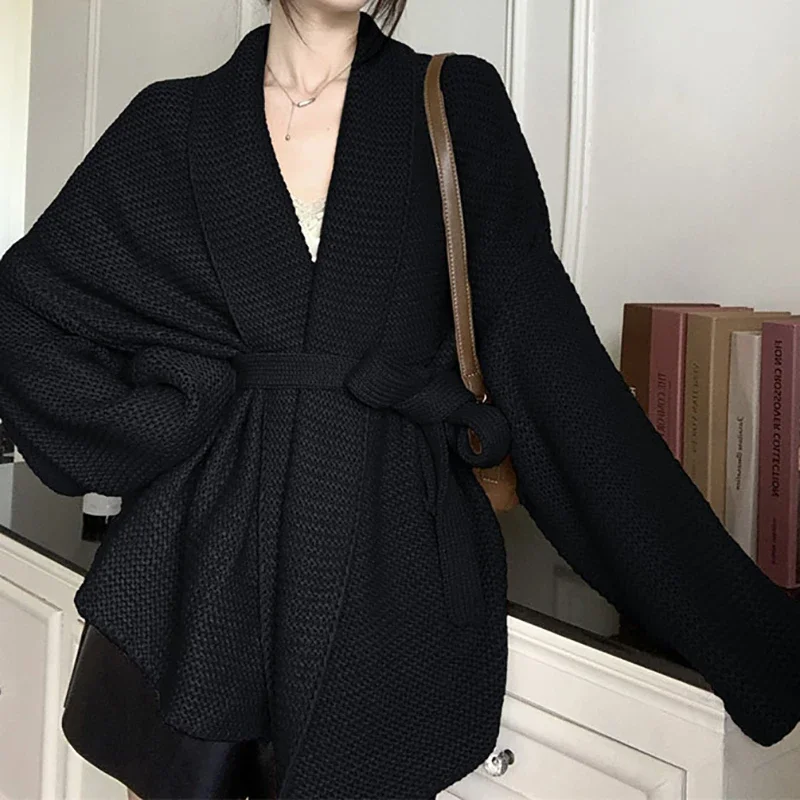 

ITOOLIN Women Knit Long Sleeve Warm Cardigan Sweater Cross Fall Winter V-Neck Lace Up Sweater Coat For Women Loose Casual Coat