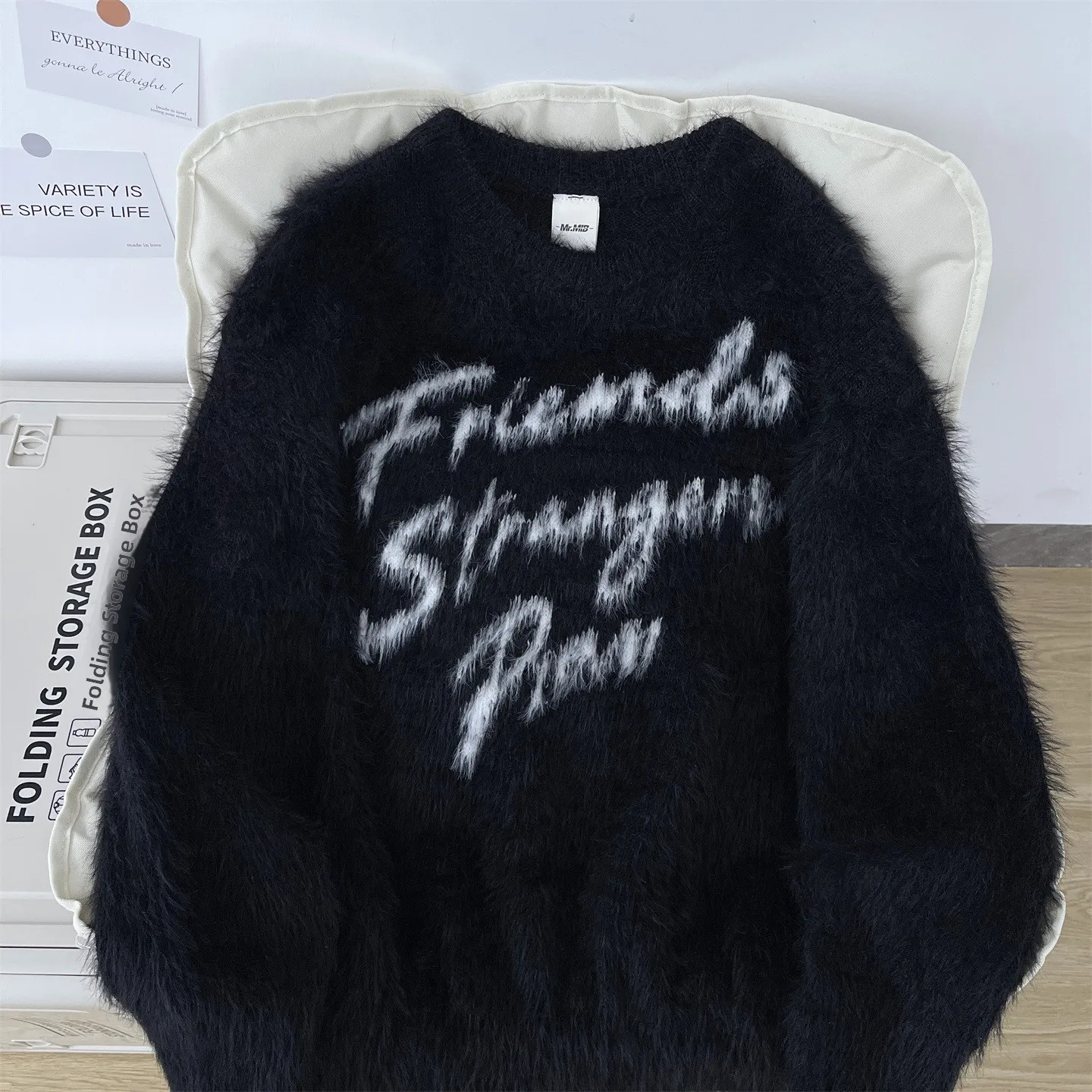 

Trendy Oversized American High Street Retro Men's Knitted Sweater Soft Faux Fur Engli Textured Long Sve round Ne Warmth