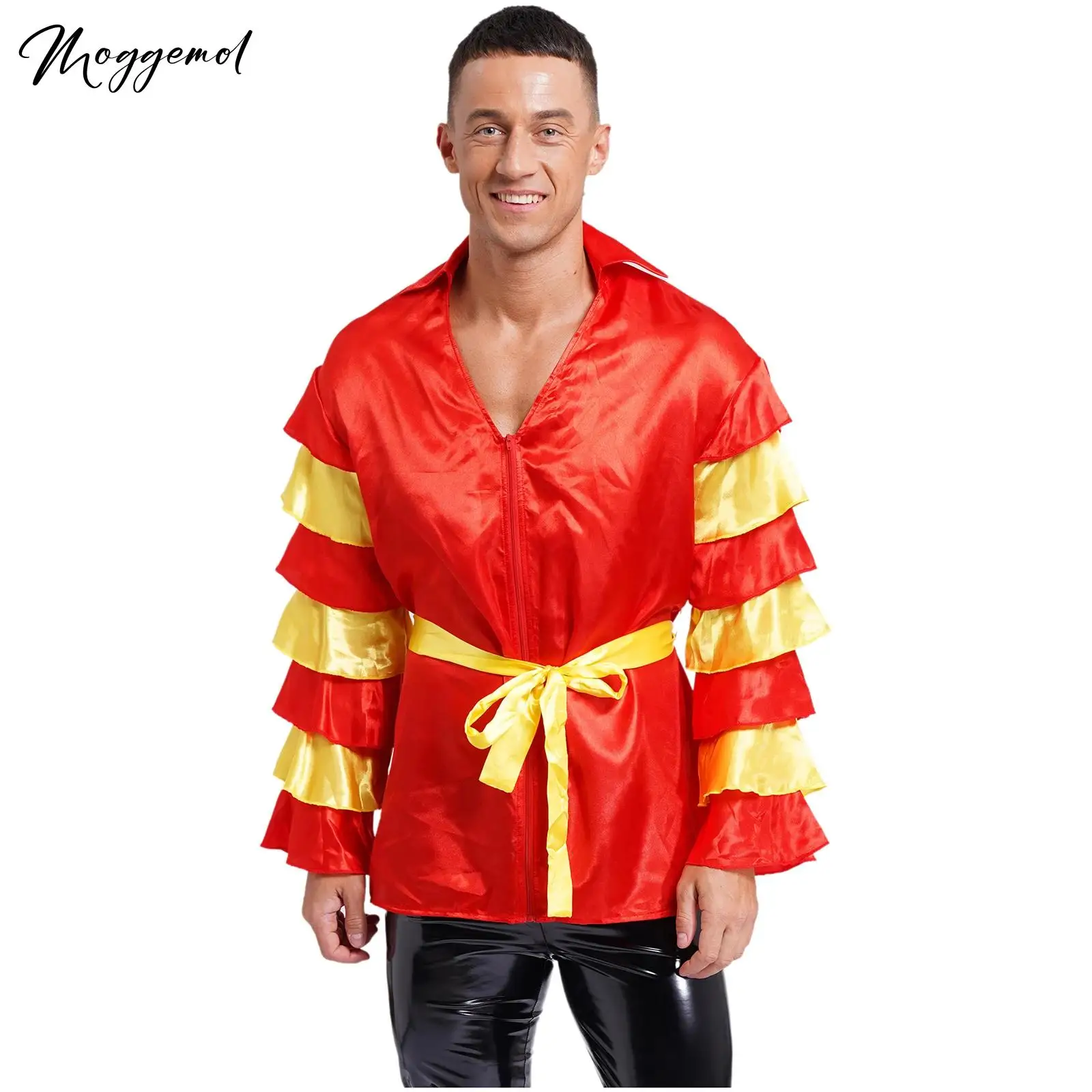 Camisa satinada con cinturón para hombre, ropa con solapa, cuello en V, cremallera frontal, manga acampanada, disfraz para carnaval, fiesta de Halloween