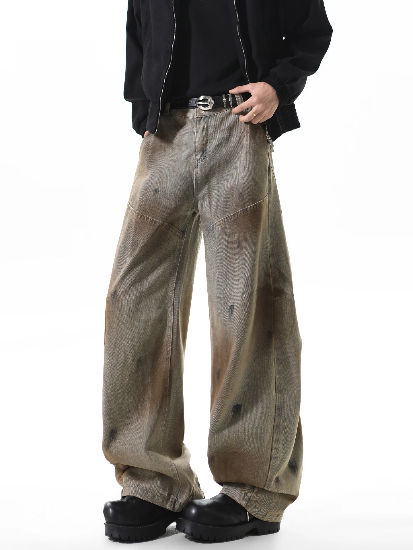 

Retro American Waed Faded Wide Leg Men's Jeans Straight Cut Trousers Autumn High Street Sle Casual Cotton Polyester Blend