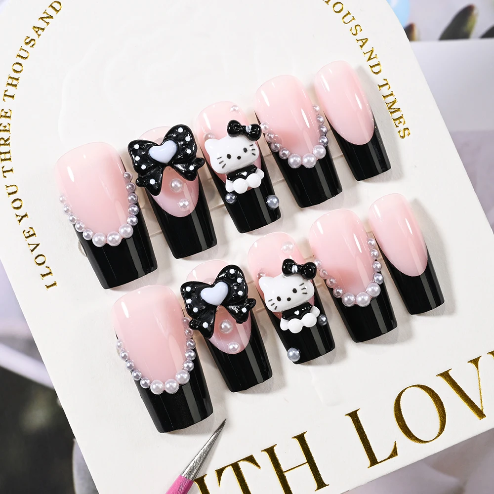 24Pcs Black Bowknot Hello Kitty Press-on-nails 3D Pearl Bow Coffin French False Nail Patches Y2k Cartoon Wearable Fake Nails #_%