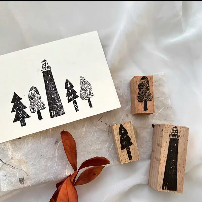 Carimbos de Borracha Vintage para Scrapbooking e Diário, com Motivos de Árvores Fofas e Farol, para Papelaria e Journaling