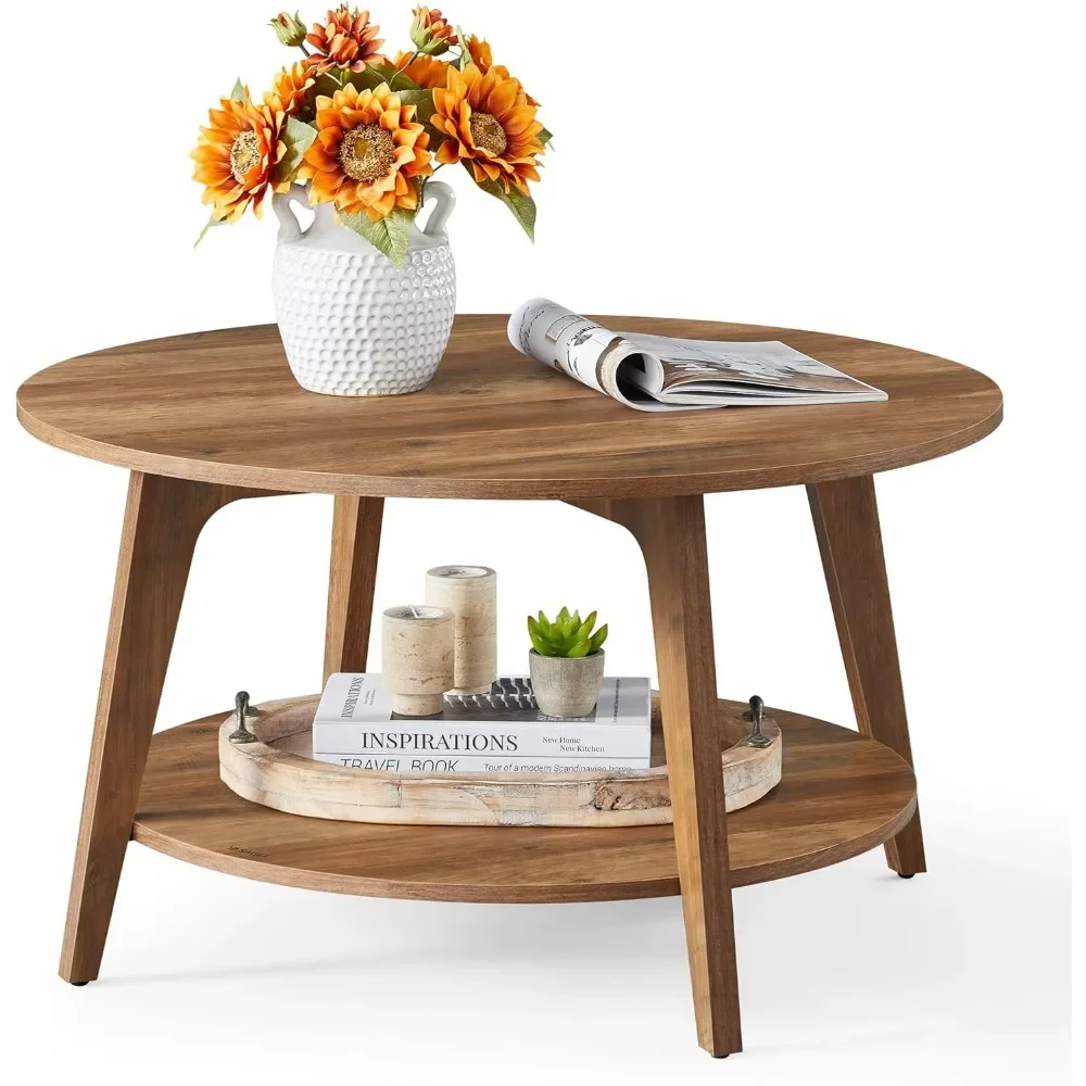 Round Coffee Table, 2 Tier Coffee Table with Storage, for Living Room, 31.5 x 17.7 Inches, Easy to Assemble, Honey Brown