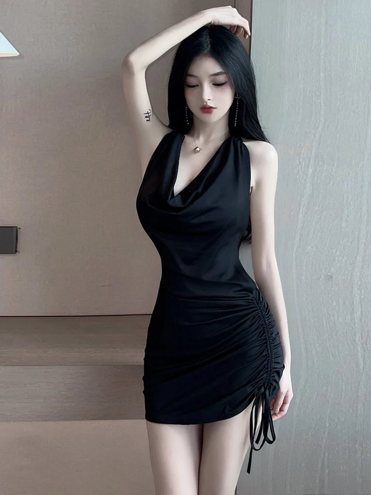 Sexy Backless Chain Sleeveless Little Black Dress Low Chest High Waist Slimming Drawstring Dress Live Broadcasters Frock