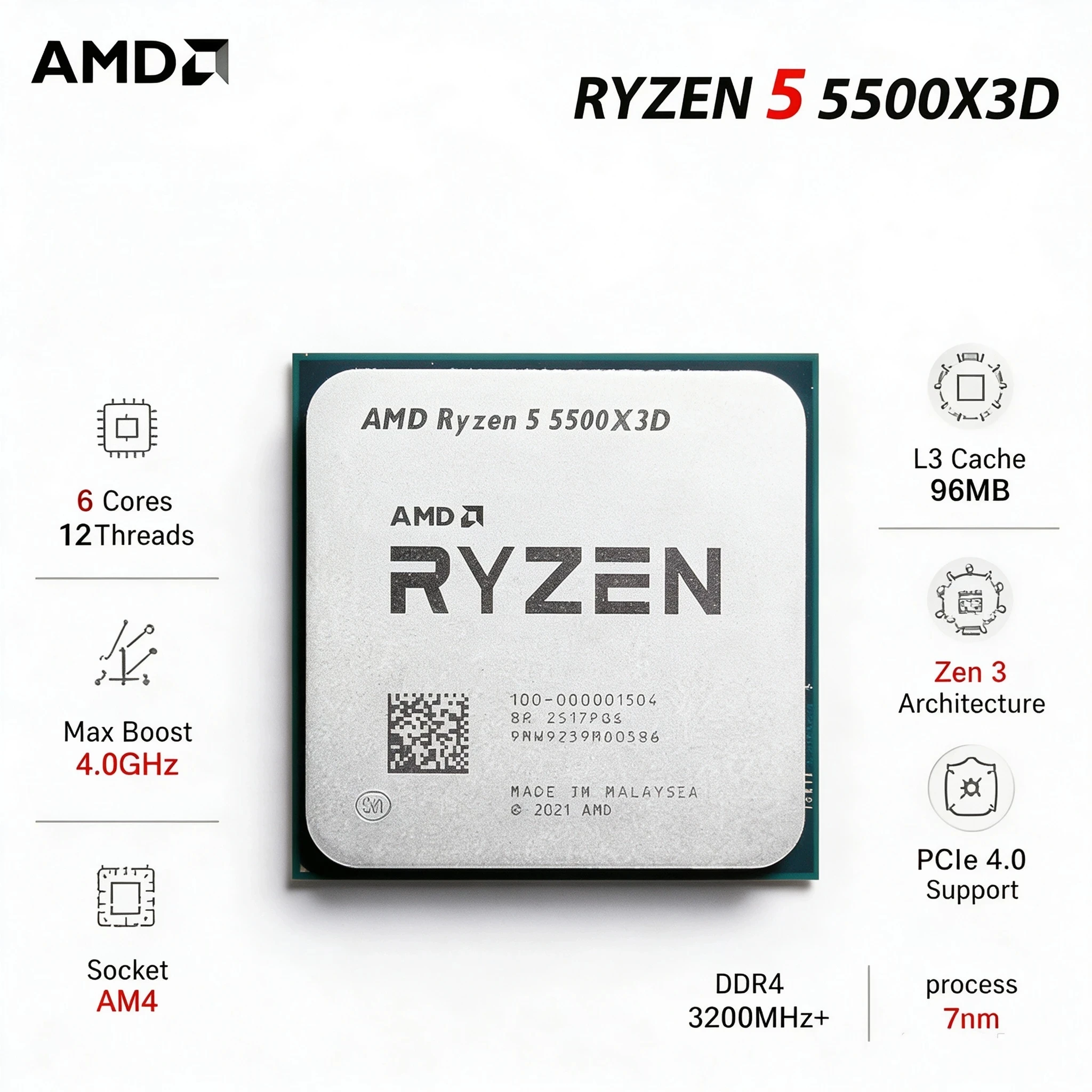AMD Ryzen 5 5500X3D Gaming CPU 96MB L3 3D V-Cache No Integrated Graphics Requires Discrete GPU Socket AM4 6 Core 12 Thread CPU