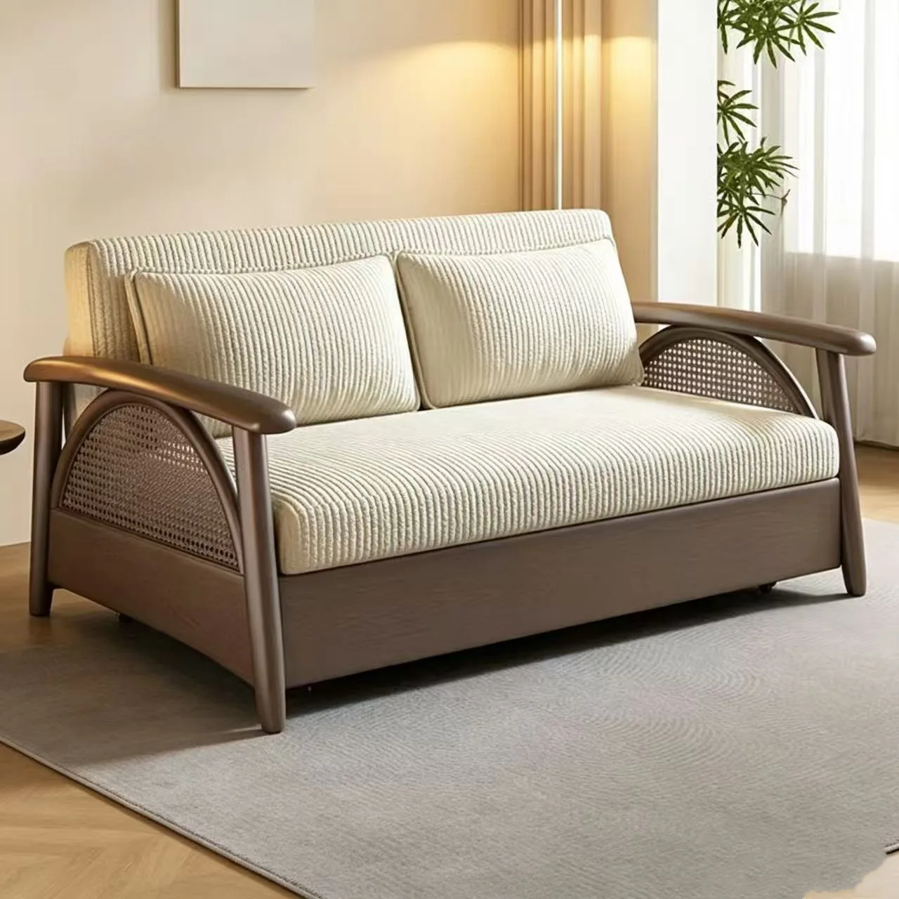 Solid wood sofa bed, double multi-functional three-fold, pull-out household sofa bed