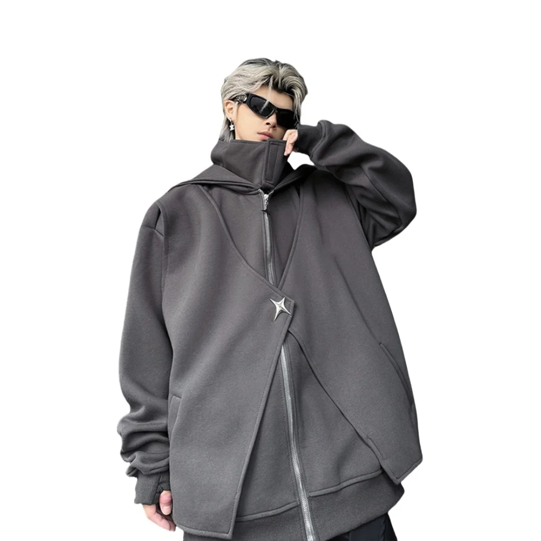 American Introvert Social Anxiety Cardigan Hoodie for Men  Spring Autumn Turtleneck Fake Two Piece Heavyweight High