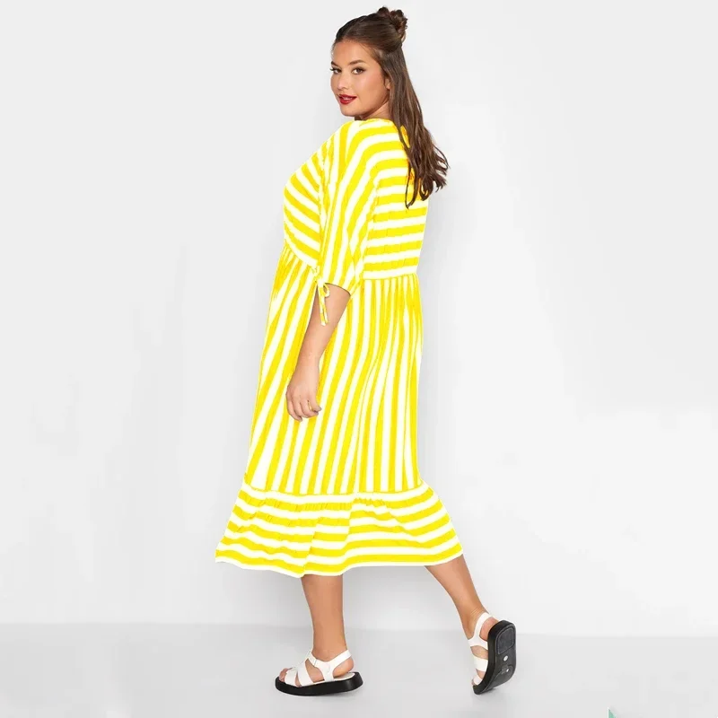 Plus Size Summer Elegant Striped Smock Dress Women Loose 3/4 Tie Sleeve Frill Hem Party Dress Casual Midi Maxi Tiered Dress 7XL