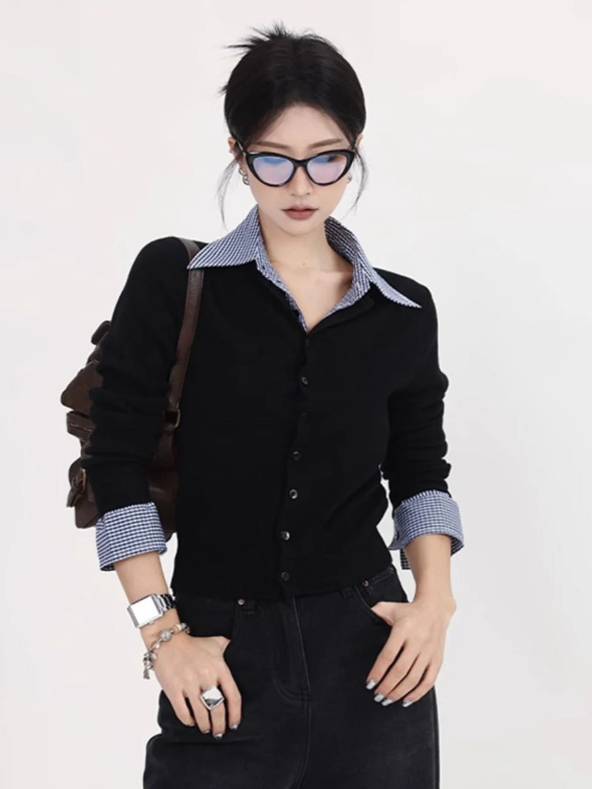 

Women's Plaid Shirt Collar Splice Knitted Sweater Coat Slim Fit Autumn Winter Outerwear Collar Long Sleeve Top