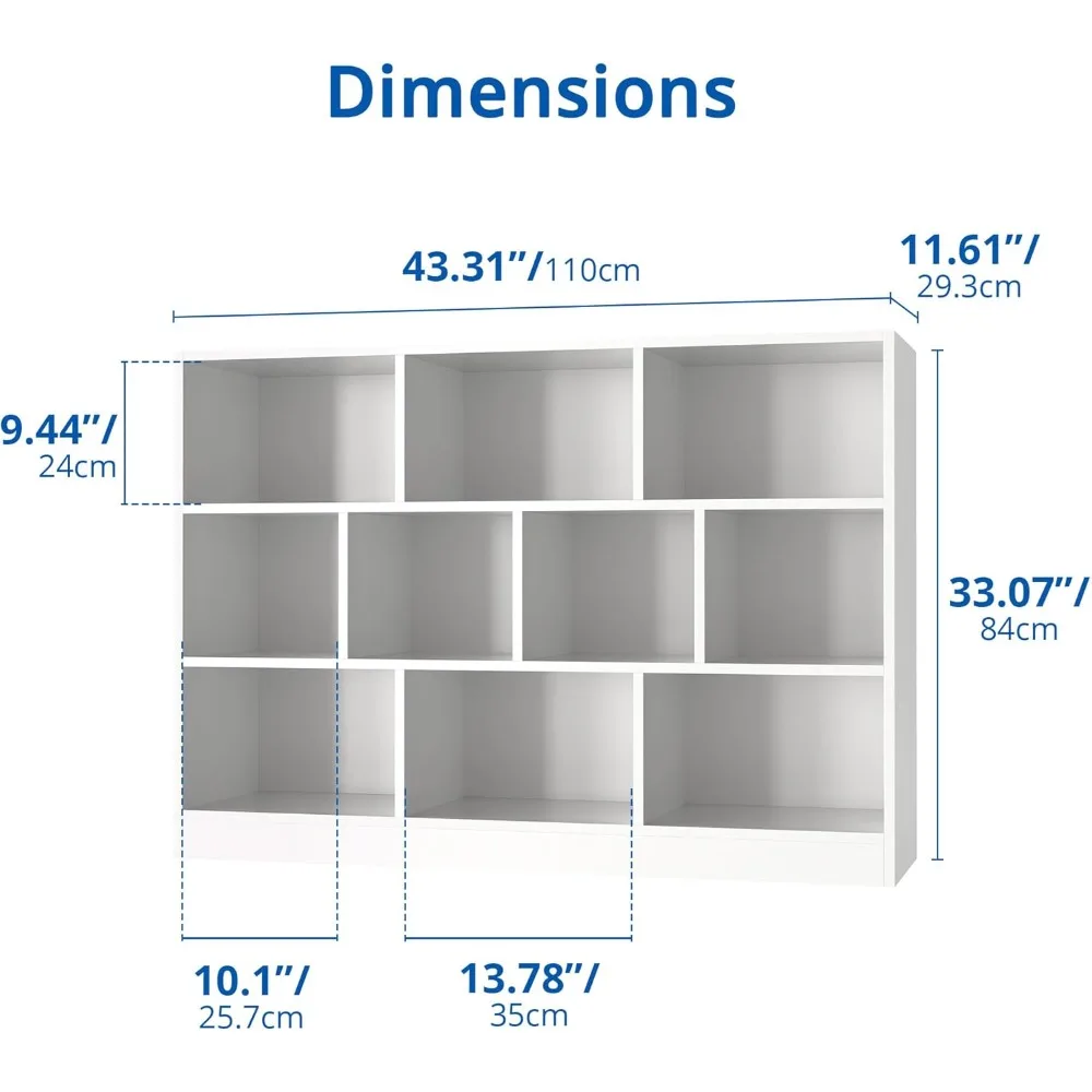 3-tier open bookshelf, 10-compartment storage organizer with anti-tilt device, freestanding horizontal bookshelf cube shelf