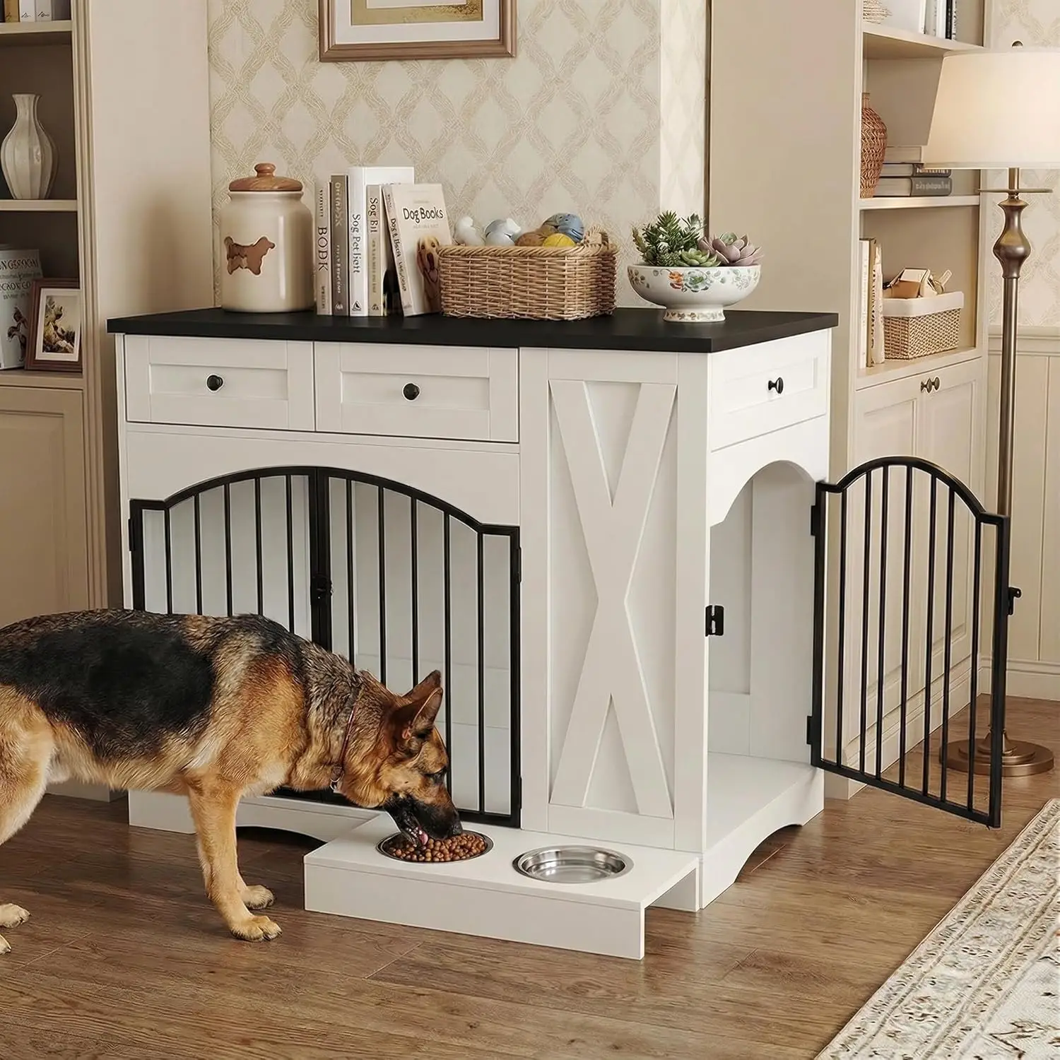 

43.3' Furniture Style Dog Crate with 3 Storage Drawers, Heavy Duty Wood Pet Kennel with Removable