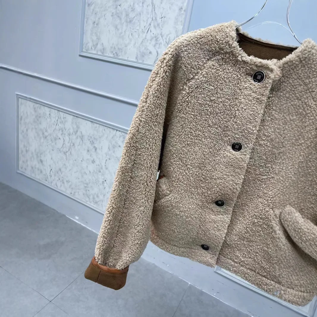 Giacca Classica in Pelle di Cammello con Rifiniture, Capospalla Ampio per Autunno e Inverno, Nuovo Stile Francese Elegante con Pelliccia d'Agnello