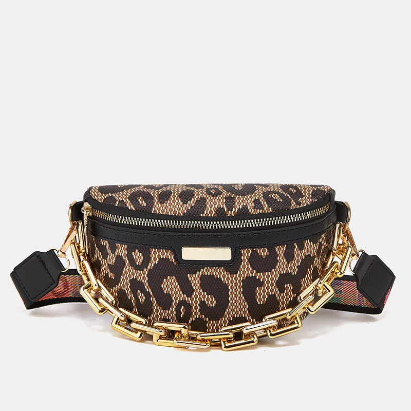 Stylish Leopard Printed PU Leather Chain Waist Bags For Women Trendy Fanny Pack Female Waist Pack Wide Strap Crossbody Chest Bag