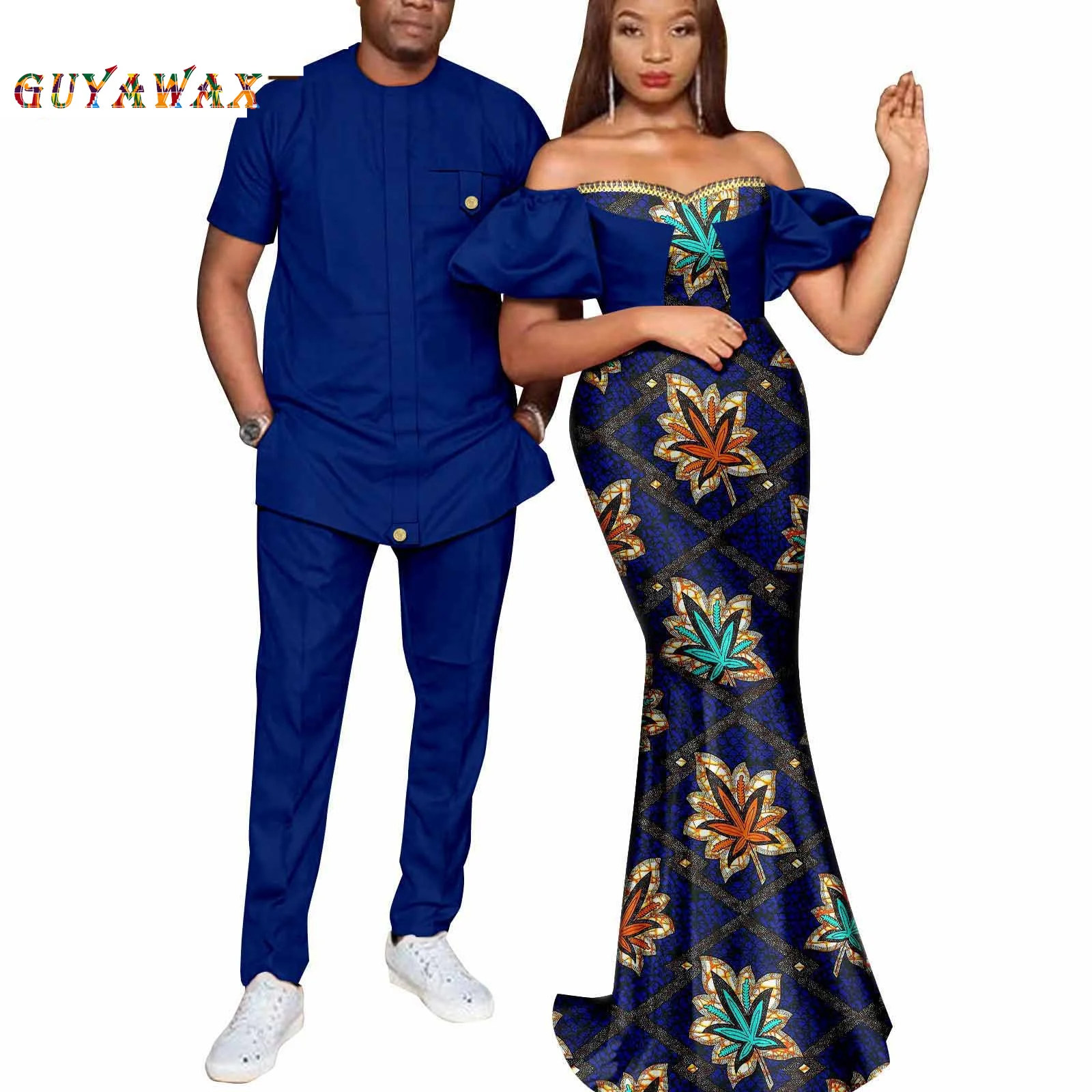 Designer African Clothes for Couple Dashiki African Women Print Long Dresses Match Men Outfits Bazin Top Shirts and Pants Sets