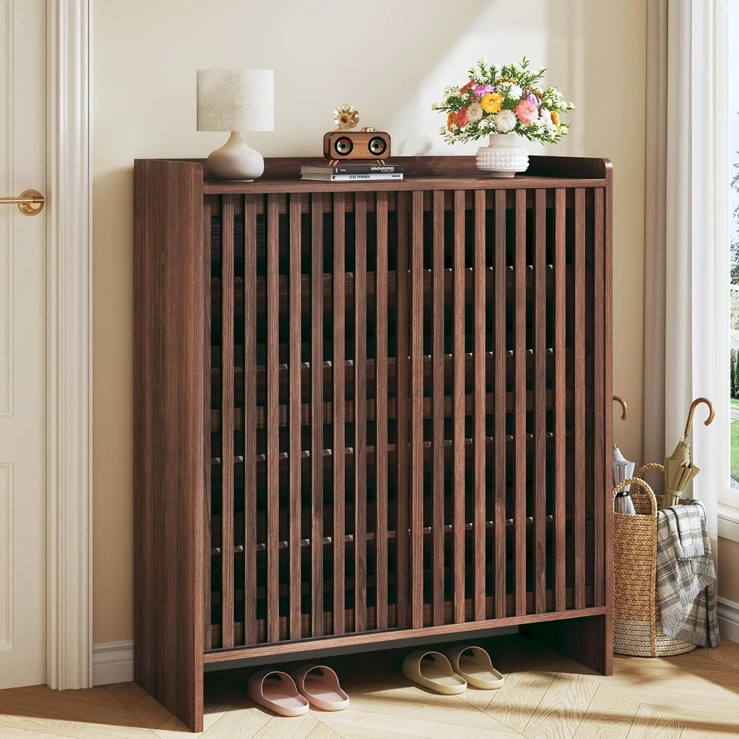 

5-Tier Wooden Shoe Cabinet Sliding Shutter Door Adjustable Shelf Freestanding Entryway Hallway Storage, Customized