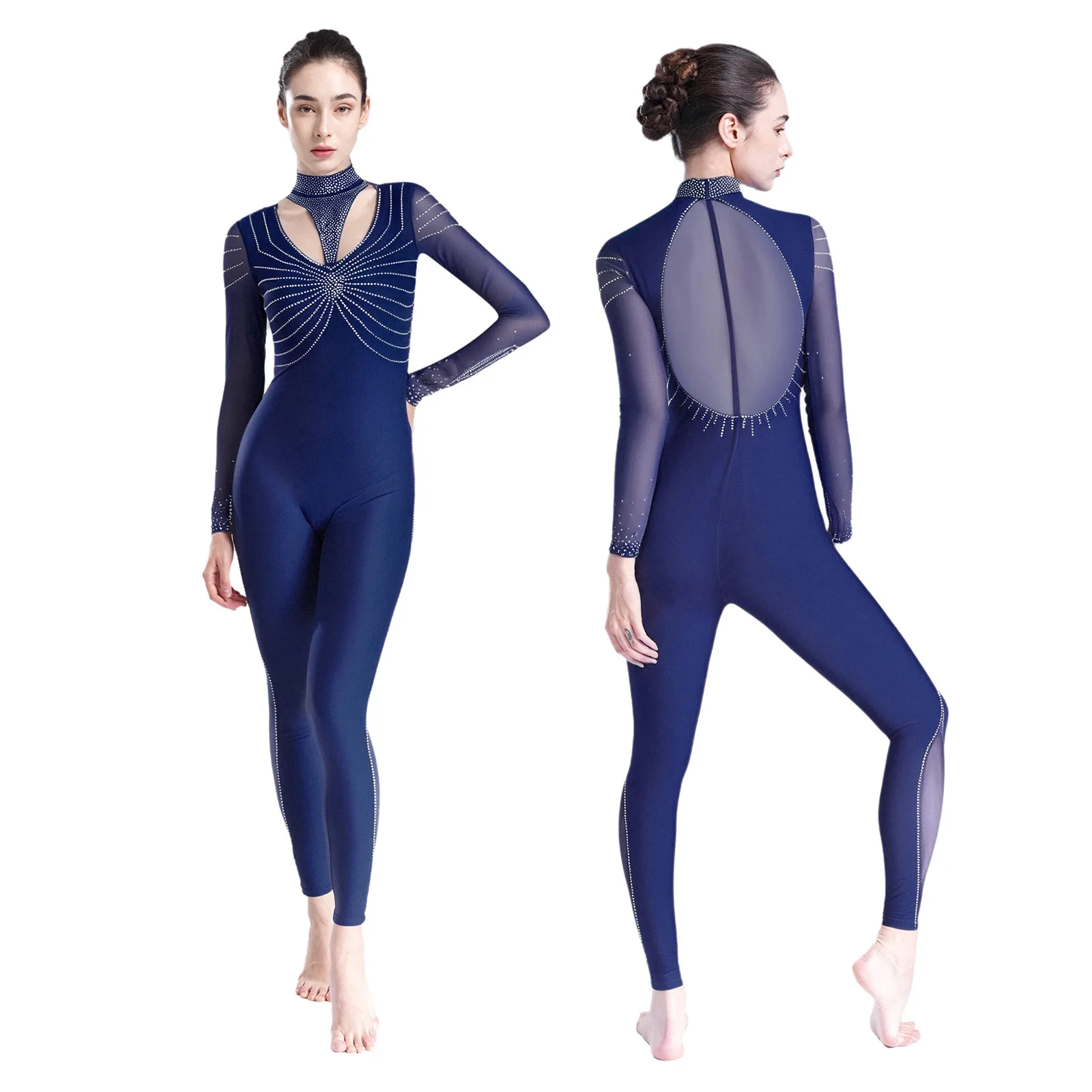 Mono elegante de baile lírico para mujer, diseño de retazos transpirable con cremallera oculta, mono de baile para espectáculo de patinaje sobre hielo