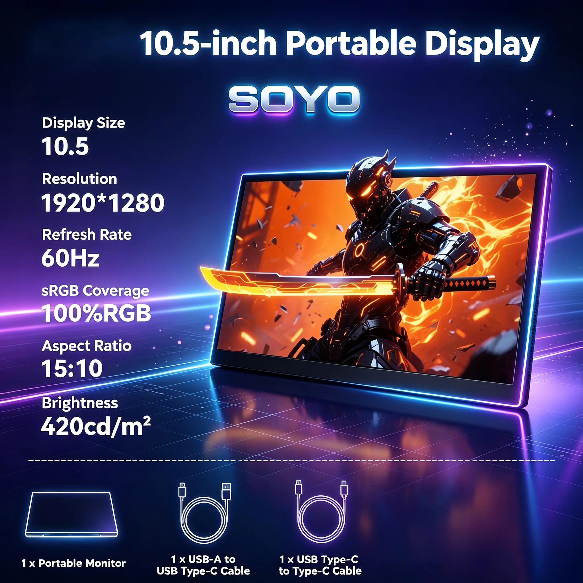 Monitor SOYO da 10,5 pollici 1280P SRGB 15:10 a bassa emissione di luce blu per XBox, PS4/5, PC portatile, Switch, estensione per laptop, monitor LCD