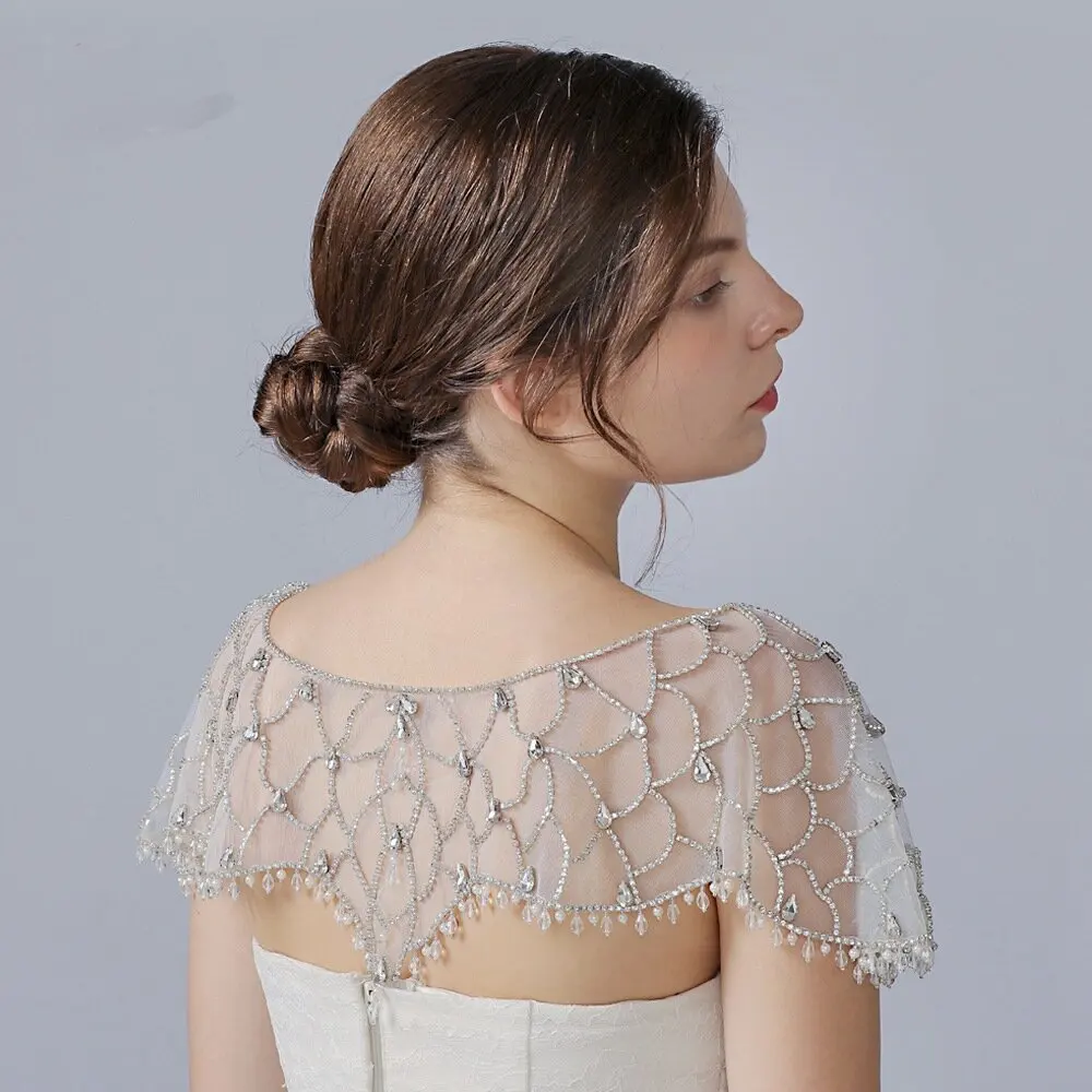 Elegant Women's Wedding Lace Jacket Bridal Bolero off Shoulder Beaded Jacket Top Cover Wedding Shoulders Cape