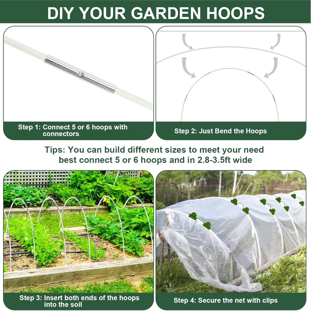 Customizable Garden Support Hoops Structure White Netting Greenhouse Fiberglass Construction Indoor Outdoor Use