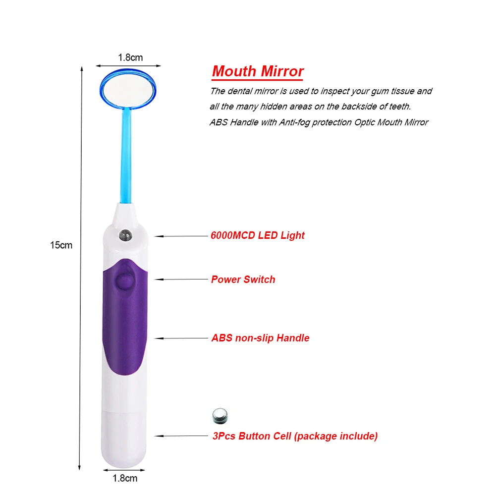 3Pcs/set LED Oral Hygiene Care Cleaning Instrument Kit Dental Mouth Mirror + Teeth Polishing Bur + Probe Scraper Plaque Remover