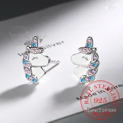 925 Sterling Silver Cute Unicorn Rainbow Stud Earrings For Women Girls Studants Friends Party Jewelry Gift Female Pendientes