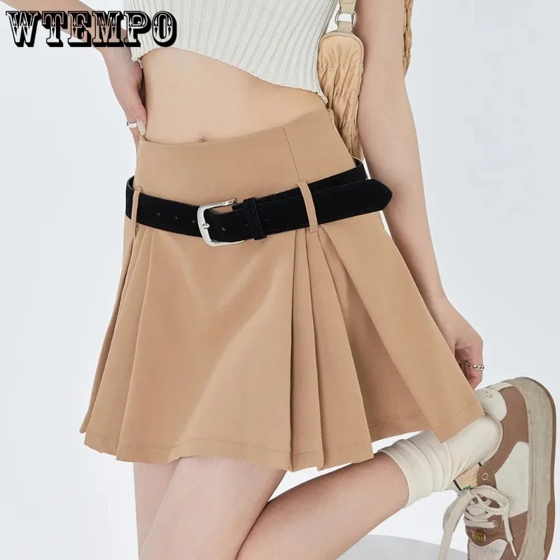 Academy Style Pleated Skirt Women\'s High Waist A-line Skirt Gift Belt Built in Shorts Pure Desire American Hottie Spring Summer