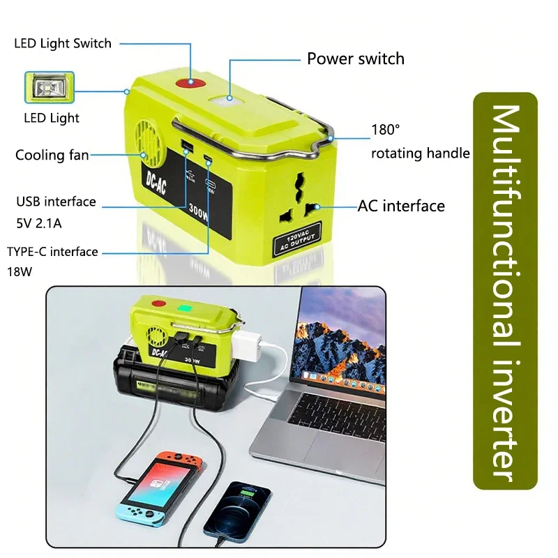 

300W Power Inverter for Ryobi 40V Battery Portable Charger Adapter with USB Type-C Output AC Outlet and LED Light Flashlight