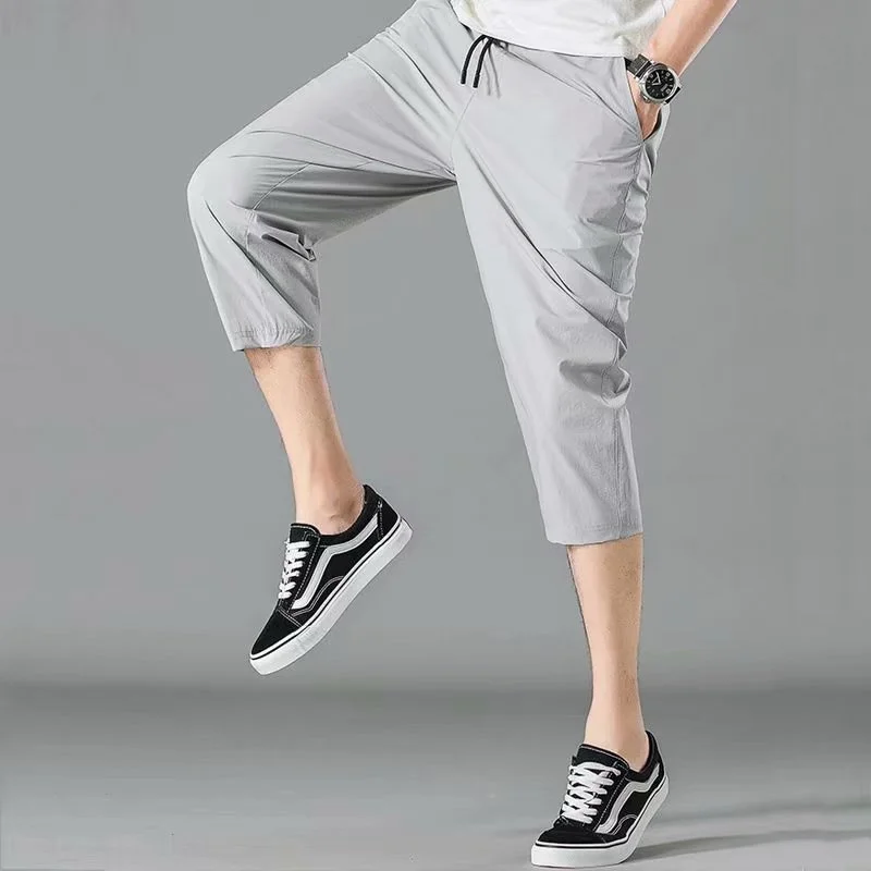 Pure Color Ice Silk Casual Shorts Men's Summer Thin Sport Pants Loose Fit Quick Dry Seven-Foot Pants Youthful Vitality Style