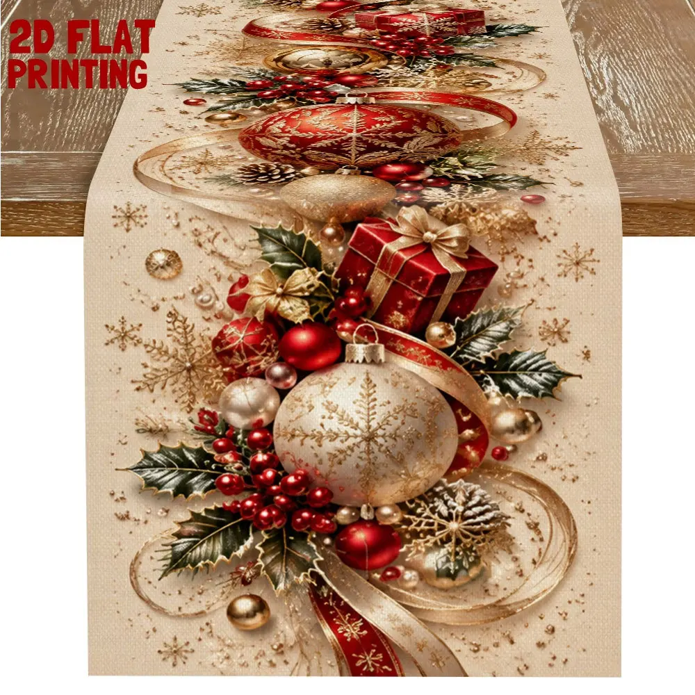 Linen Table Runner Red with Jolly Snowman Cardinal Bird Gifts Gold Merry Christmas Lettering Christmas Dinner Table
