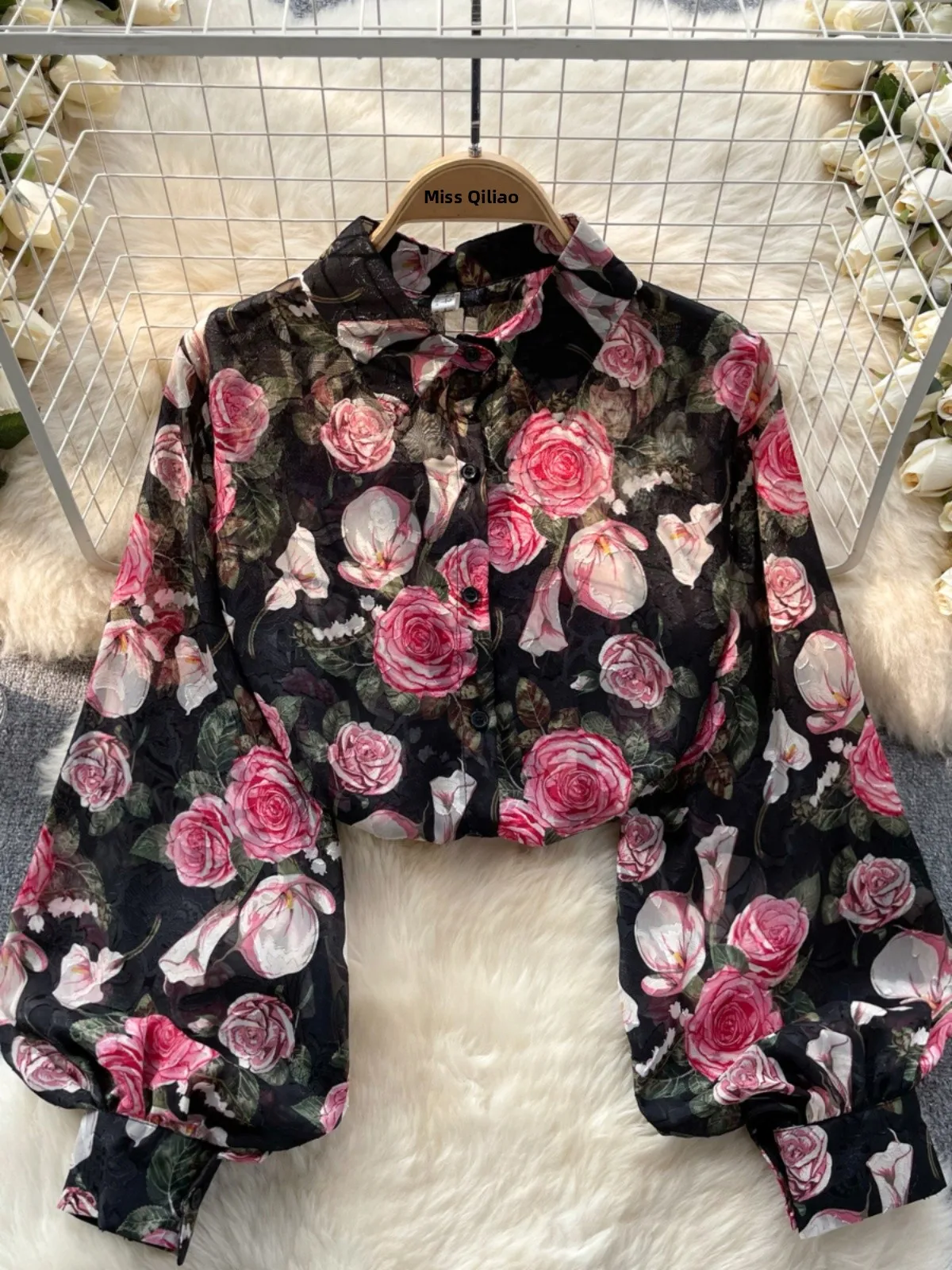 Romantic Floral Print Long Sve irt Women's Summer Lantern Sve Premium Feel Top Korean Sle Loose Fit Commute Wear