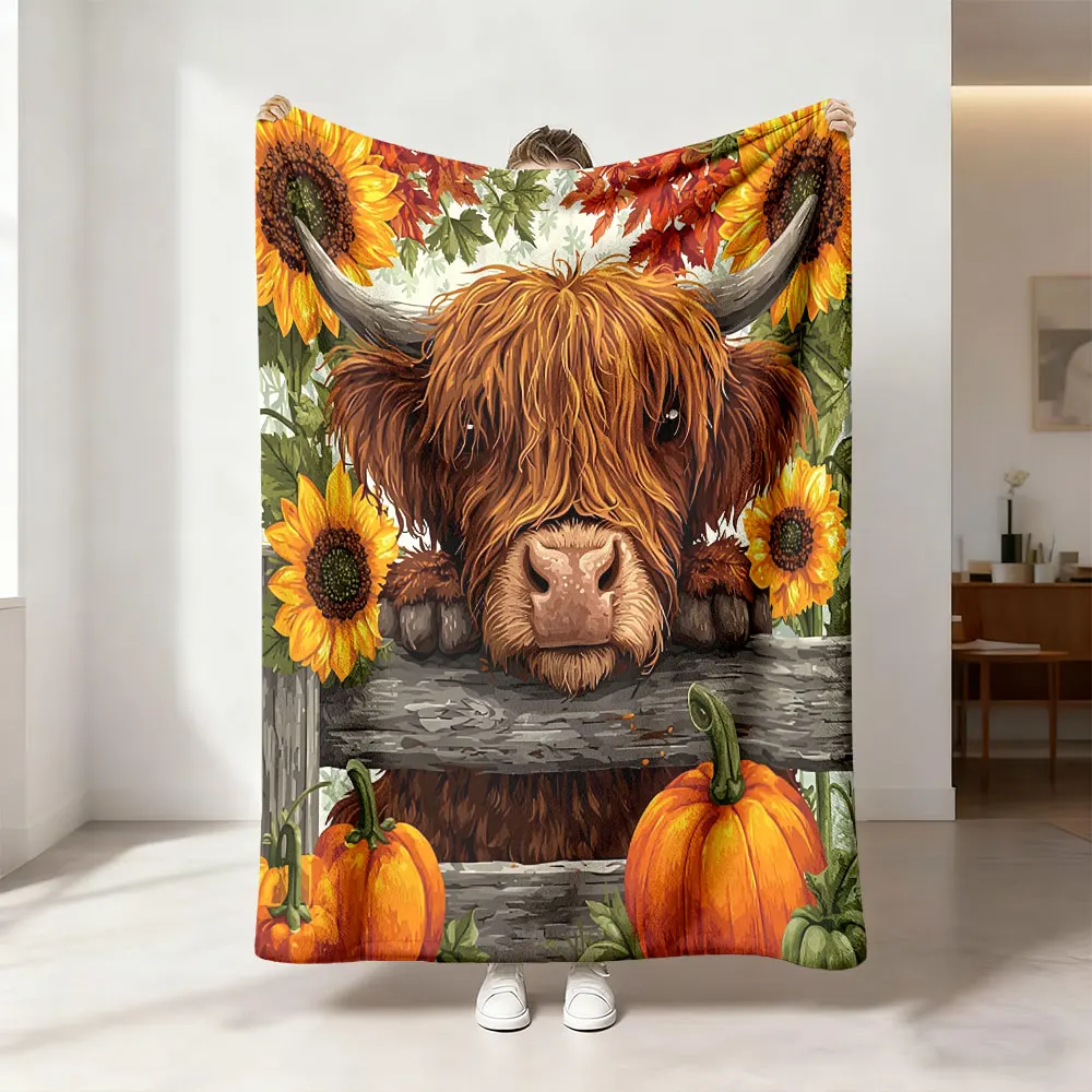 230G Flannel Fleece Blanket Cow Pumpkin Farm Print Soft Throw Blanket for Couch Home Decor