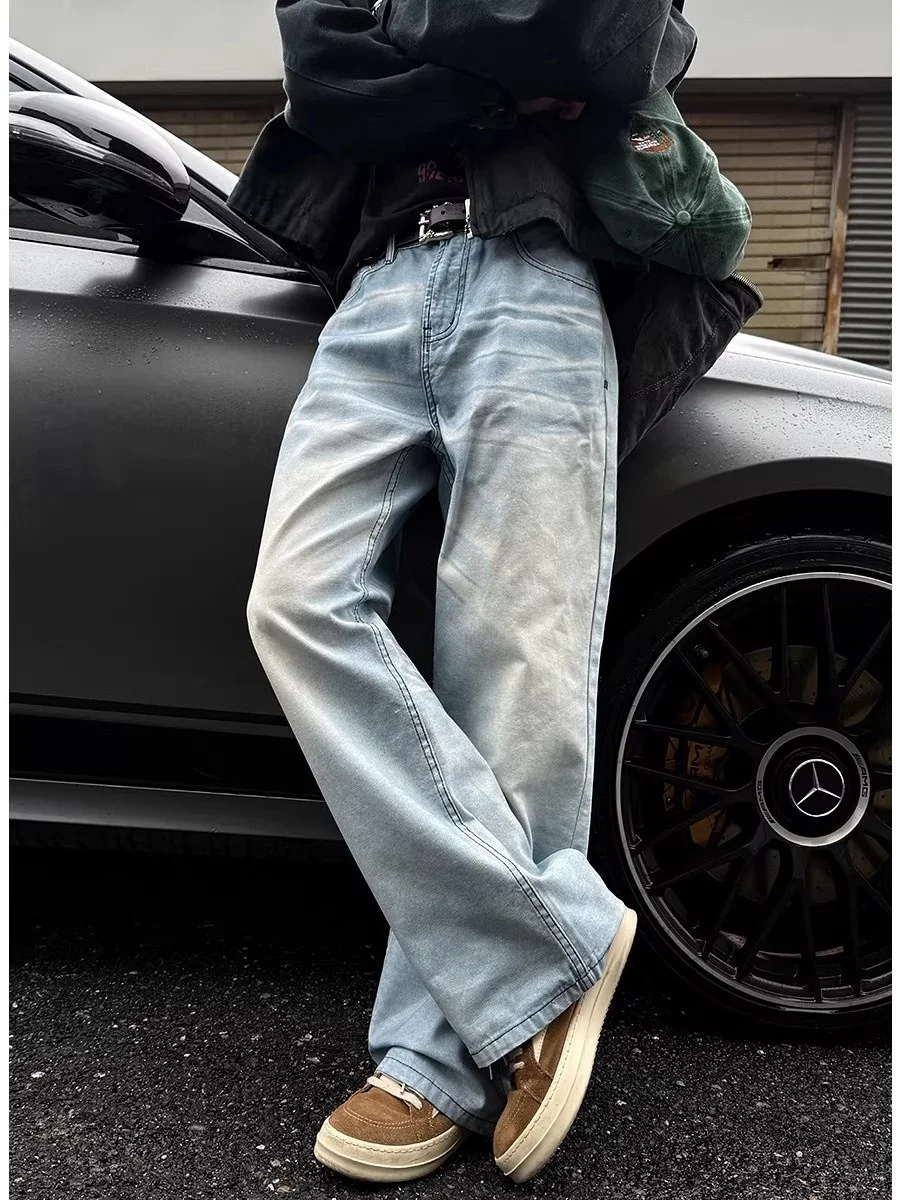 

Retro American Large Size Denim Jeans Men's Summer Loose Wave Pattern Waed out Cr Blue Jeans Loose Fit Trousers