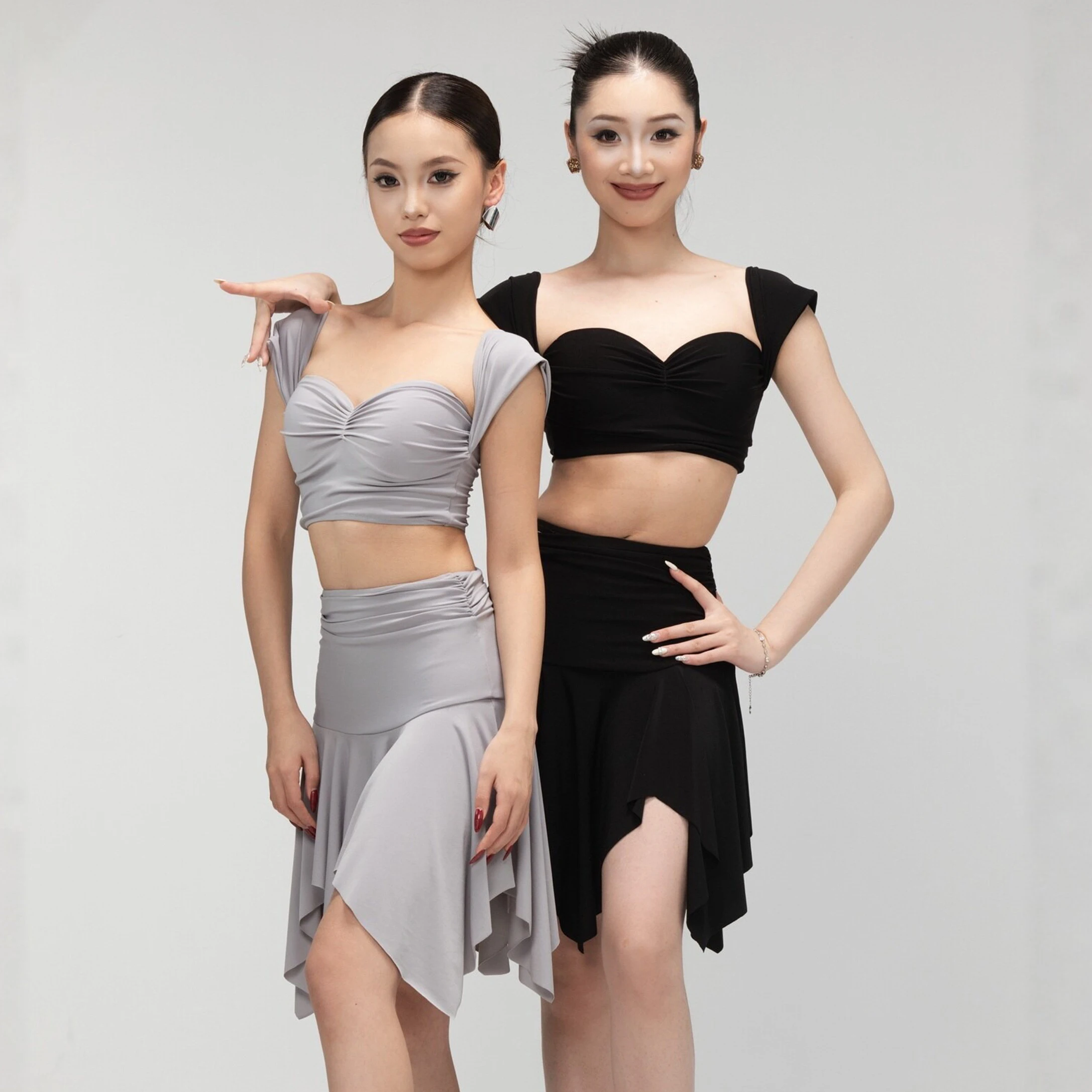 vetements-de-danse-latine-2026-pour-femmes-hauts-d'entrainement-jupe-irreguliere-noir-et-gris-costume-de-spectacle-de-danse-chacha-rumba-vetements-d'entrainement