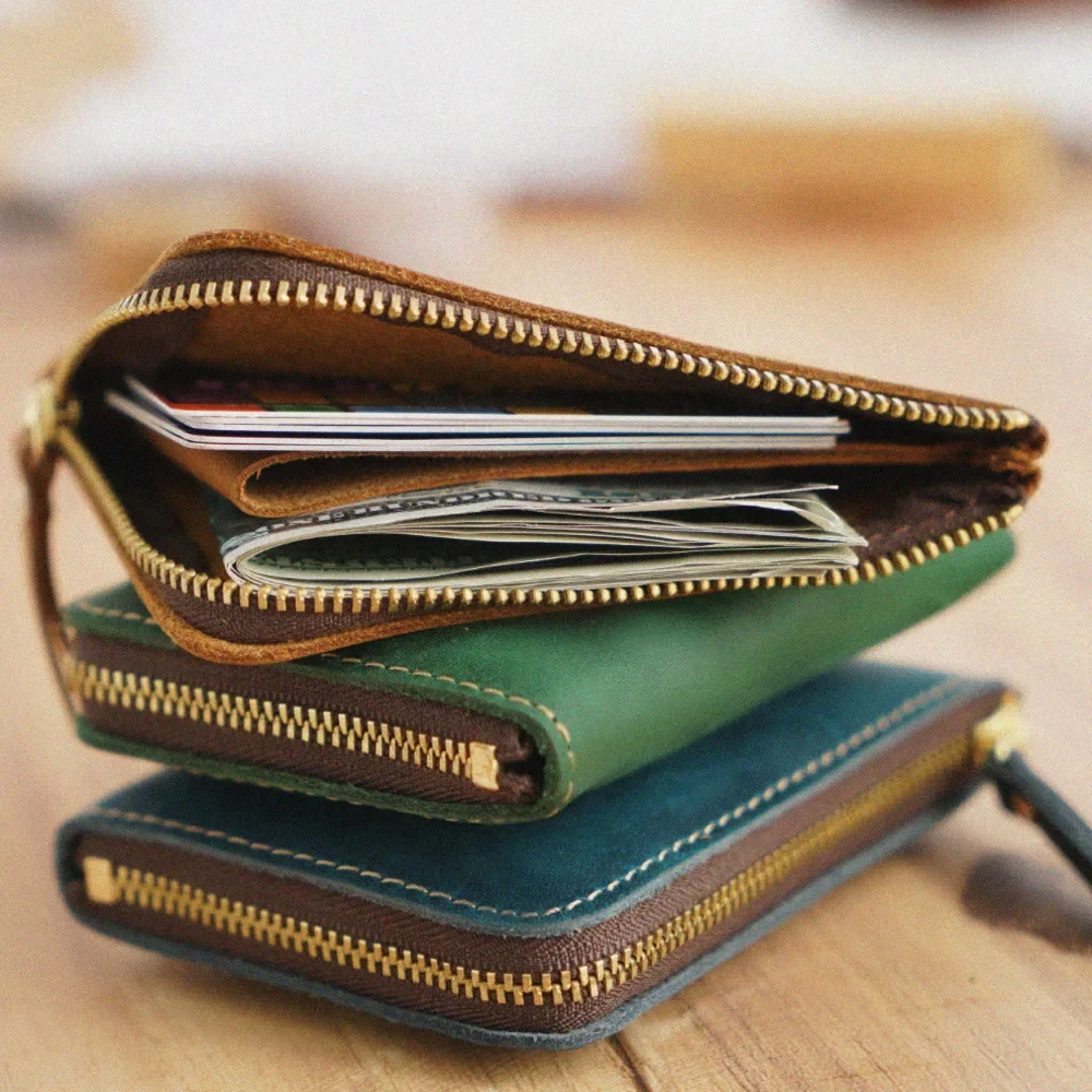 Natural Leather Credit ID Card Holder Vintage Fashion Coin Purse Small Wallet Clutch Zipper Clamp For Money Short Wallet Unisex