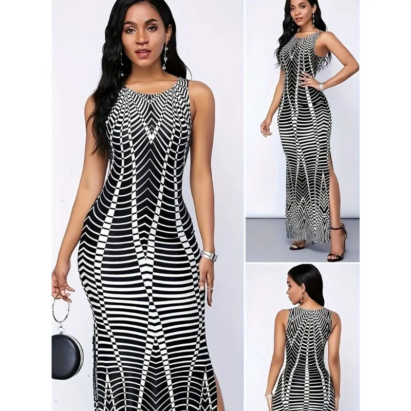 Spring European and American Women's Clothing Digital Printing Round Neck Sleeveless Side Split Dress