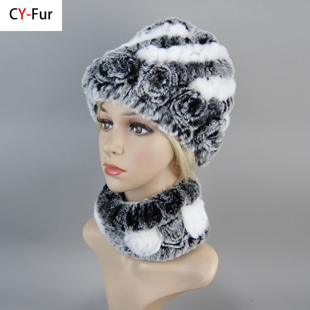 

New Women Real Rex Rabbit Fur Hat Scarf Sets Natural Warm Rex Rabbit Fur Scarves Hat Winter Lady Real Rex Rabbit Fur Hat Scarf