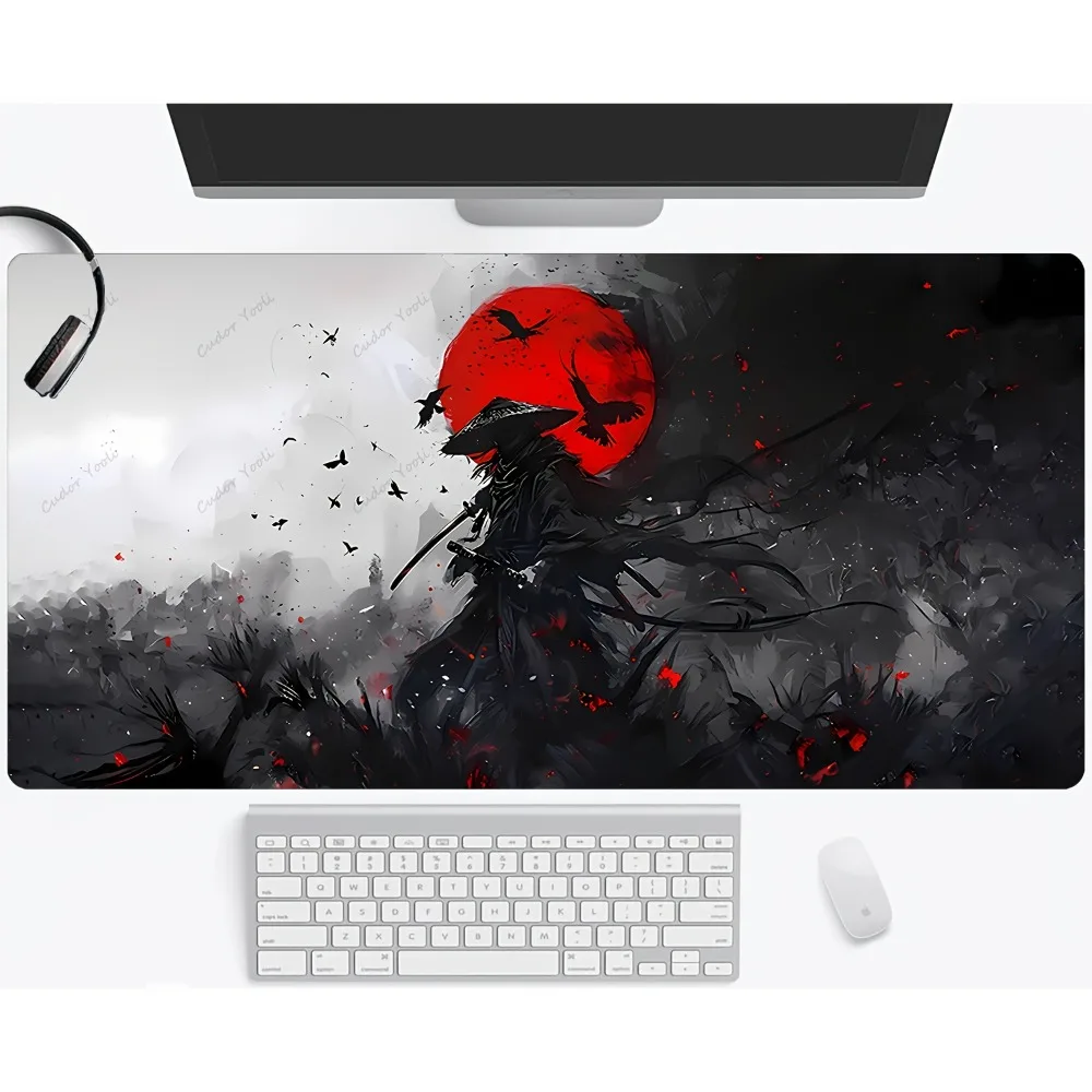 CIFBUY Mouse Pad Large Gaming Mat Non Slip Rubber Samurai Red Moon Crows Ink Art Desk Protector for Laptop Office Home Computer