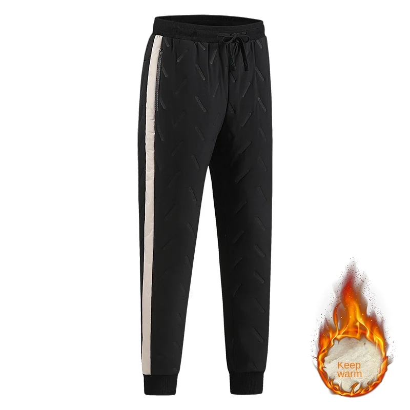 Men's Winter Down Pants Elastic Waist Side Stripe Joggers Warm Windproof Outdoor Trousers Solid Black Padded Casual Sweatpants