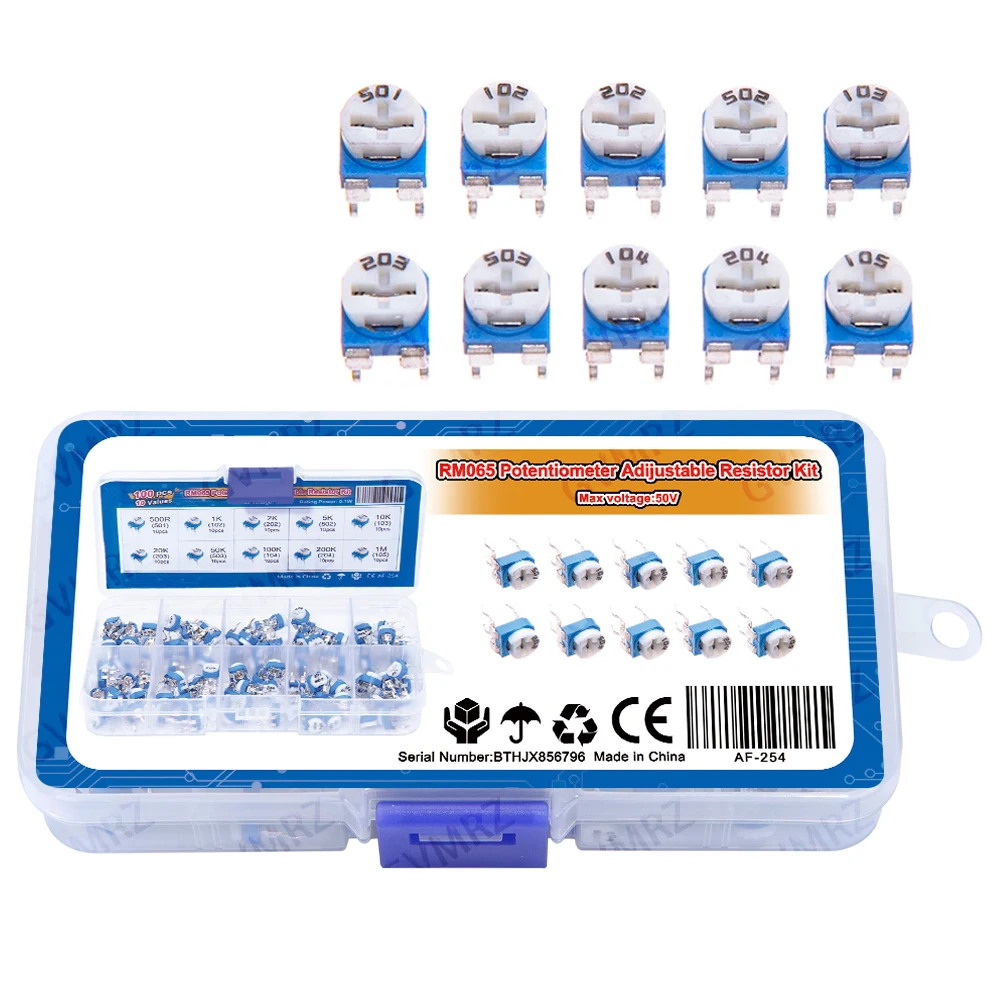 100PCS 1MΩ 10Values RM065 Potentiometer Kit (500Ω-1MΩ) in Box for DIY Electronic Circuit Project 500Ω Component